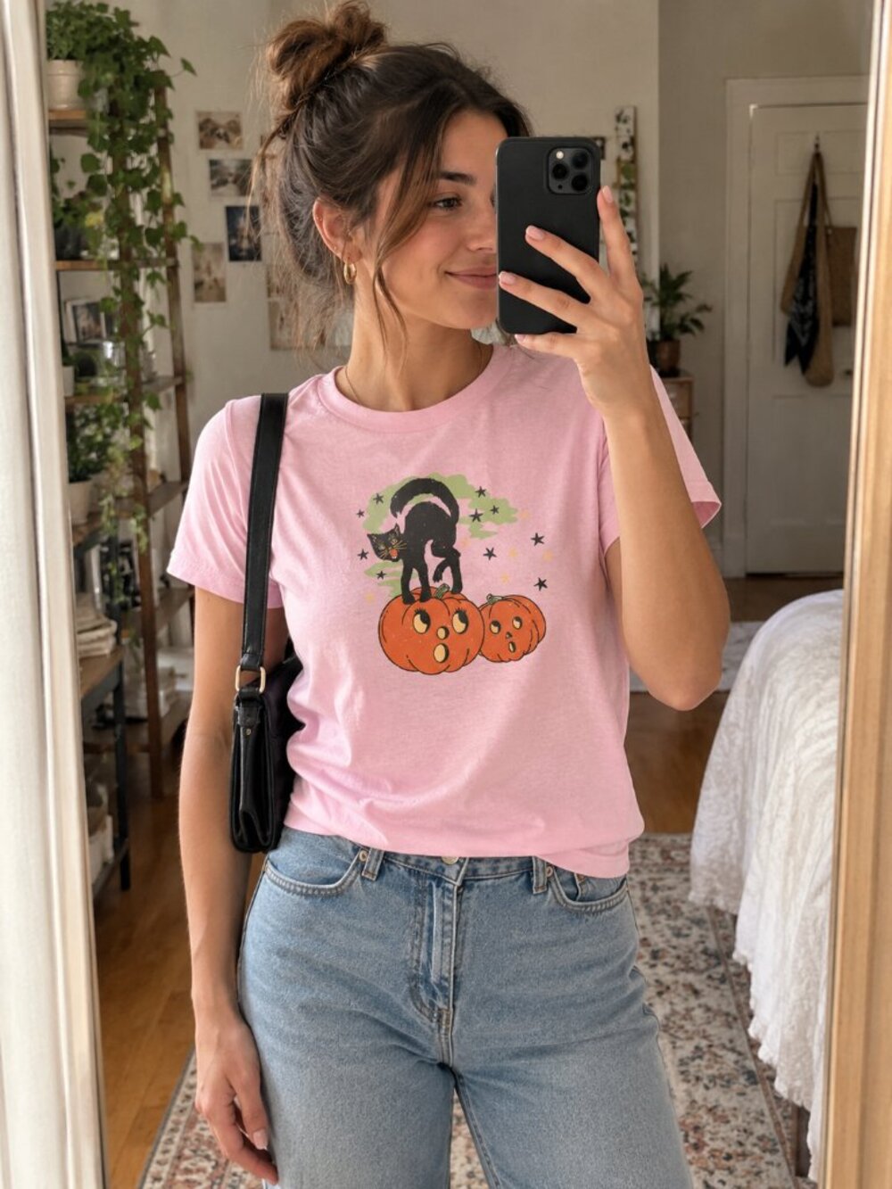 🎃 Vintage Halloween Cat Baby Tee | 80s Retro Witch Kitten Graphic Tee